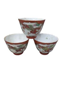Vintage Chinese Porcelain Tea Bowls Cups Dragon & Phoenix Design Set Of 3 Red